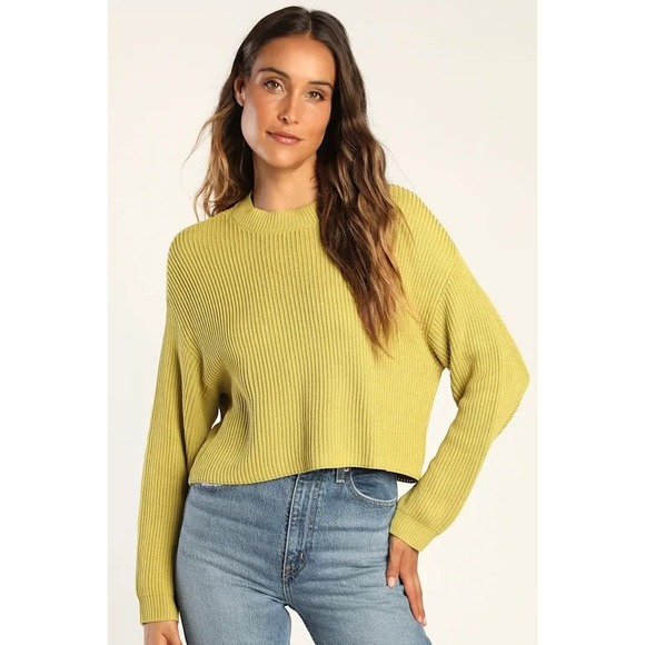 Lulus Cuddly Company Chartreuse Ribbed Cropped Sweater Women's Large Green Cozy - Picture 1 of 10